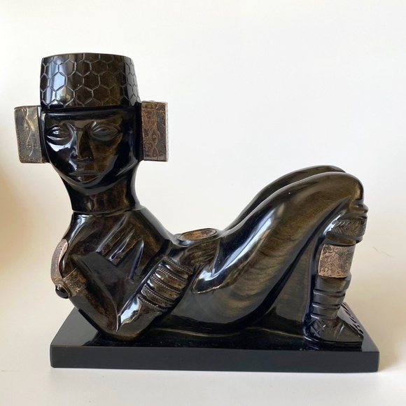 CHACMOOL Mesoamerican Obsidian Sculpture Gold Sheen and Applied Silver Detail - Picture 1 of 10